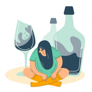 Alcohol abuse and depression problem of female. Woman alcoholism social problem.